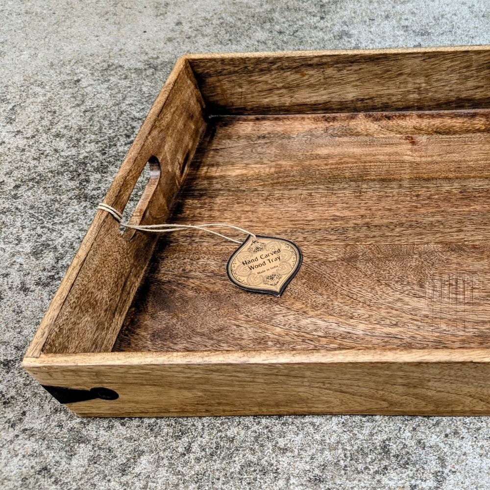 14 x 20 inch Wooden Square Serving Tray with Handles & Metal Detail